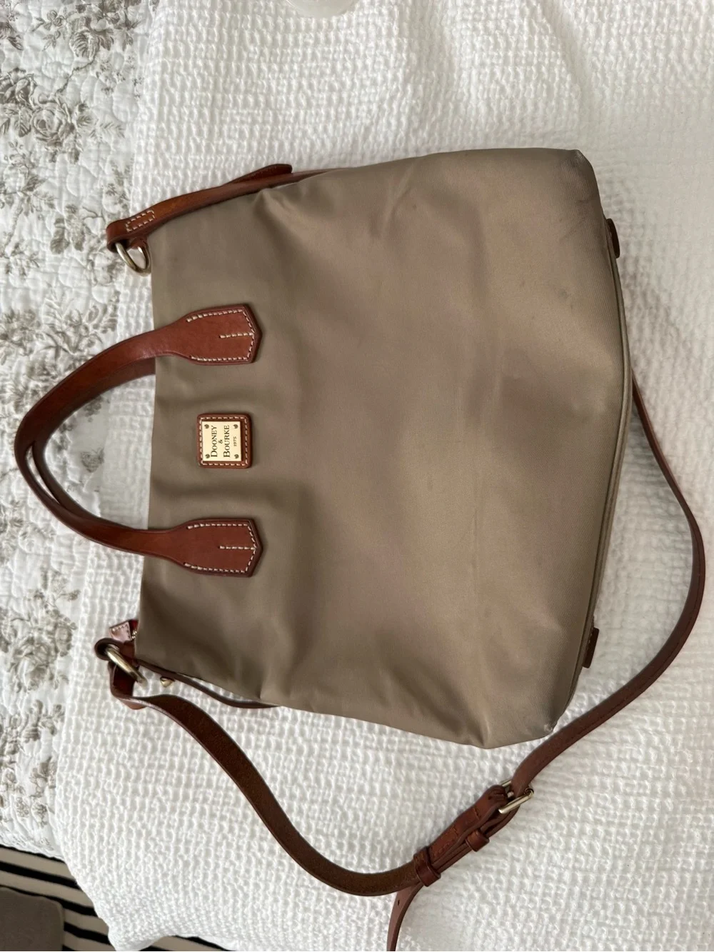 Dooney & Bourke Taupe and Brown Interior Tote with Red Zip Accents